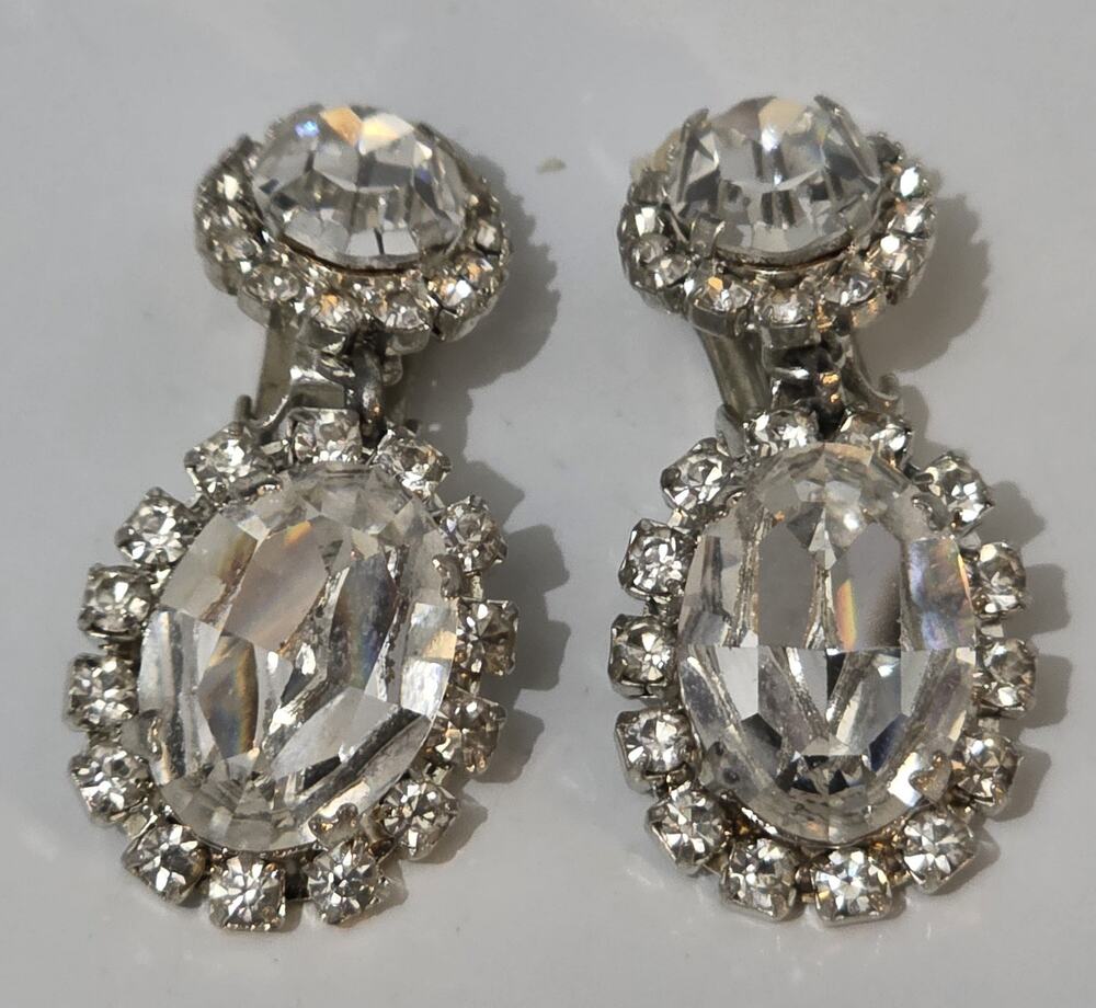 Vintage Silver Tone Crystal Diamante Statement Drop Clip on Earrings 1 3/4"